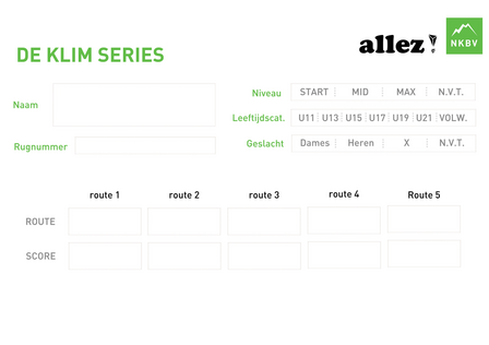 150 Jeugd en Volwassenen Klim Series Scoreformulieren