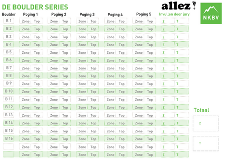 100 Jeugd en Volwassenen Boulder Series Scoreformulieren